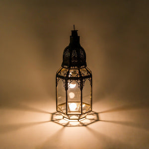 Farol marroquí de cristal y forja octagonal para velas