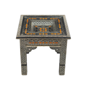 Mesa marroquí de madera chapada con alpaca y hueso naranja