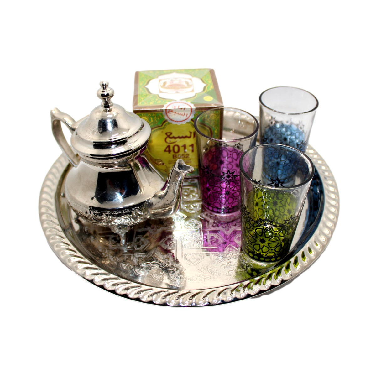 Juego de té marroquí con 3 vasos de henna y té moruno