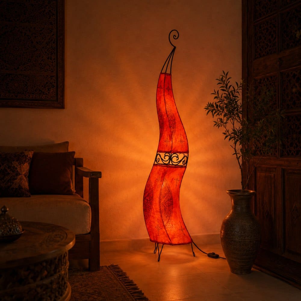 Lampada marocchina in pelle e ferro battuto 120 cm rossa