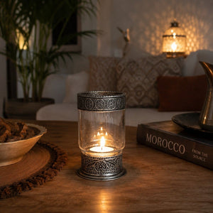 portavelas marroquí vaso cristal alpaca lifestyle
